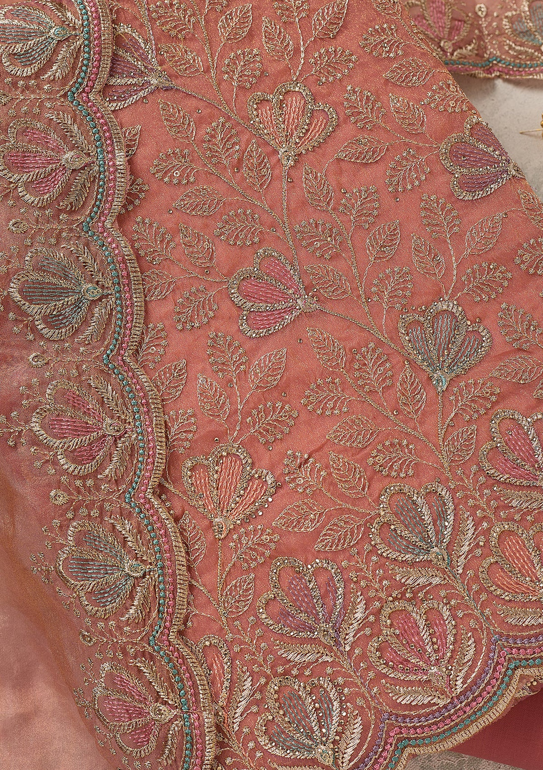 Peach Zardozi (Gold) Shimmer Unstitched Salwar Suit