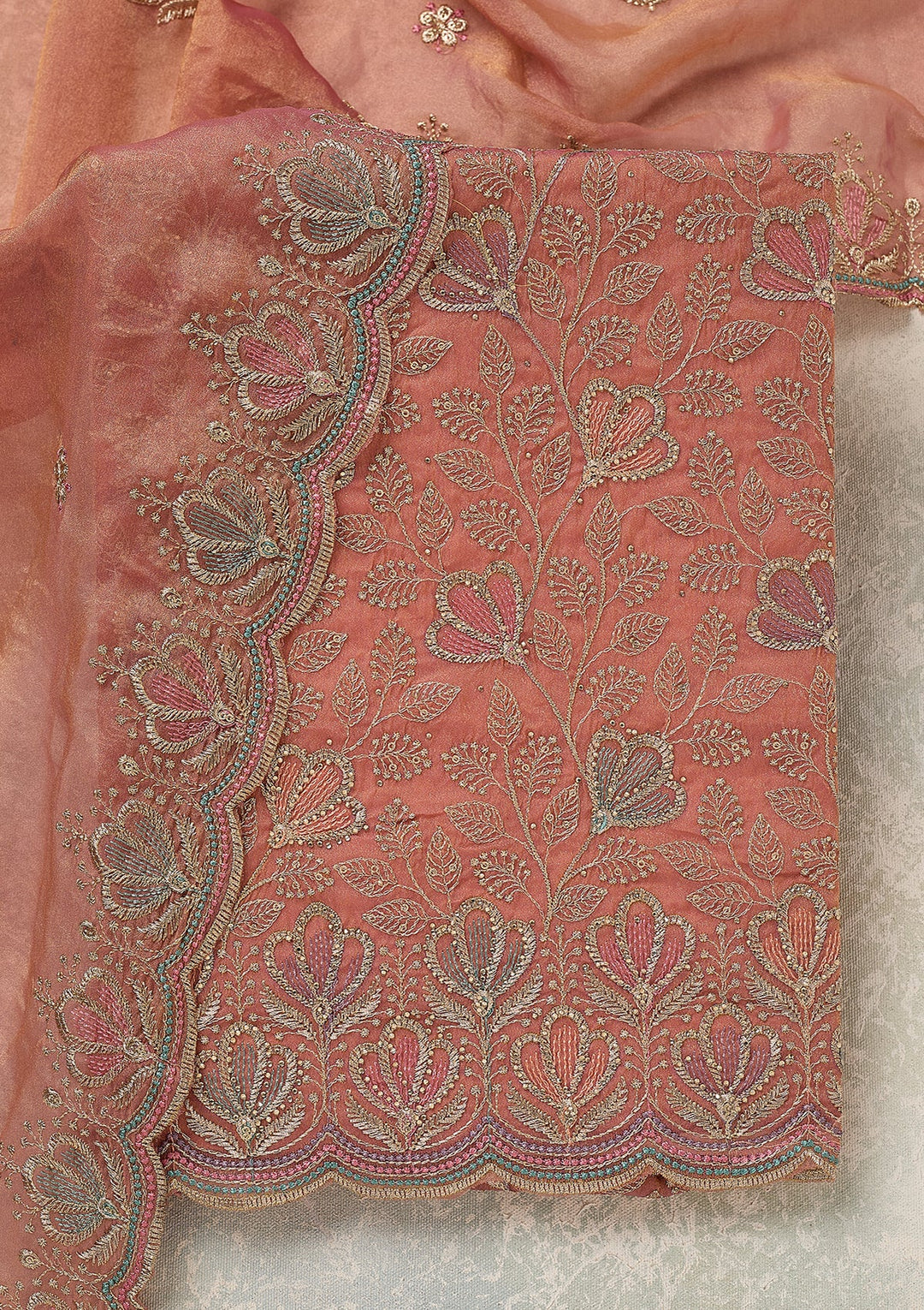Peach Zardozi (Gold) Shimmer Unstitched Salwar Suit