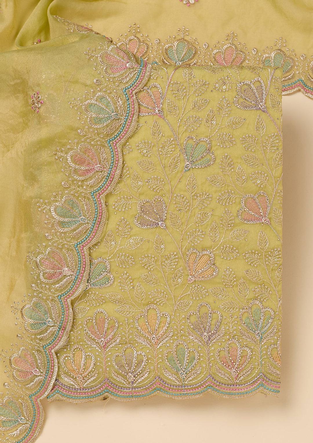 Pista Green Zardozi (Gold) Shimmer Unstitched Salwar Suit