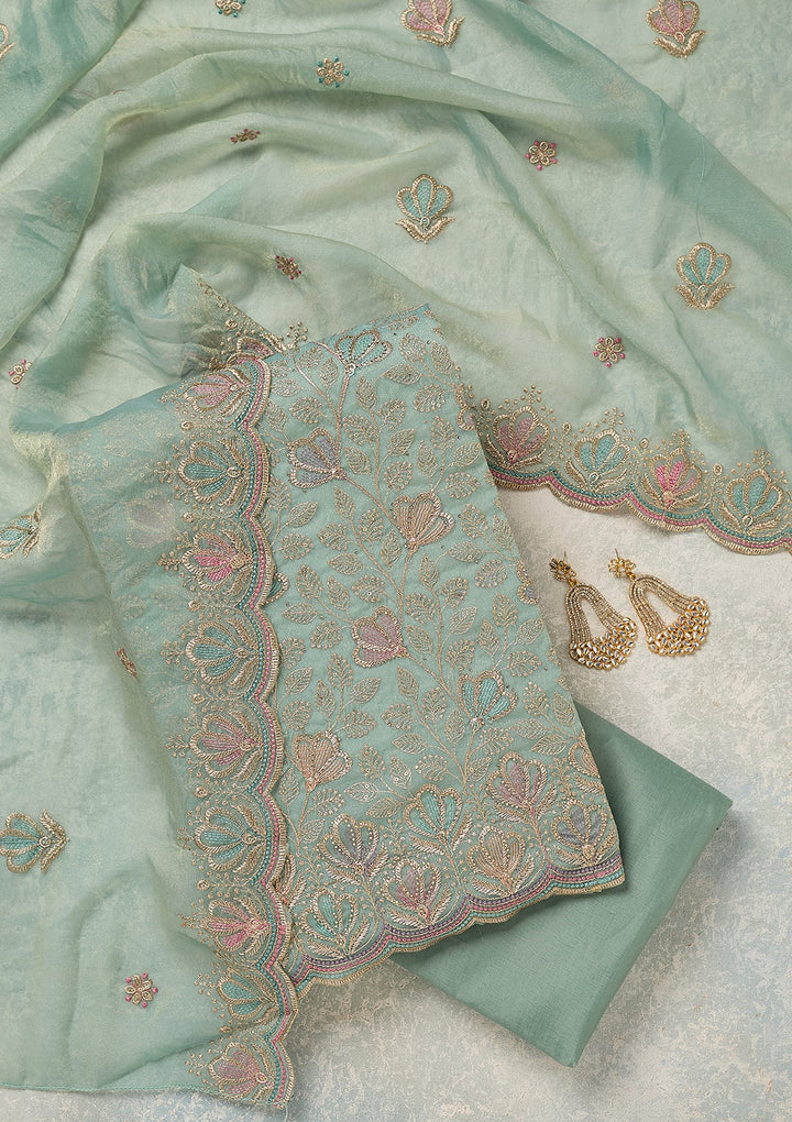 Sky Blue Zardozi (Gold) Shimmer Unstitched Salwar Suit