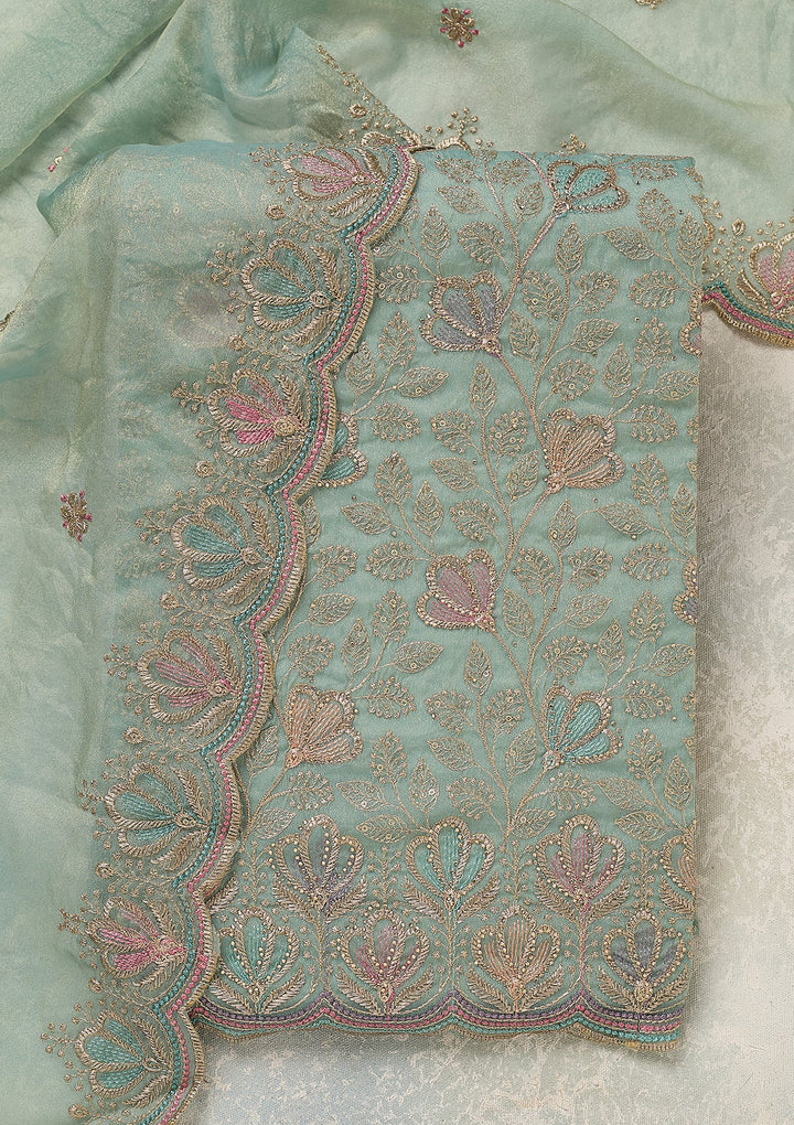 Sky Blue Zardozi (Gold) Shimmer Unstitched Salwar Suit