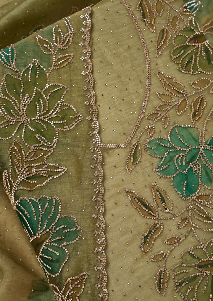 Mehandi Green Tissue Gold Stonework Unstitched Dress Material With Matching Bottom And Dupatta