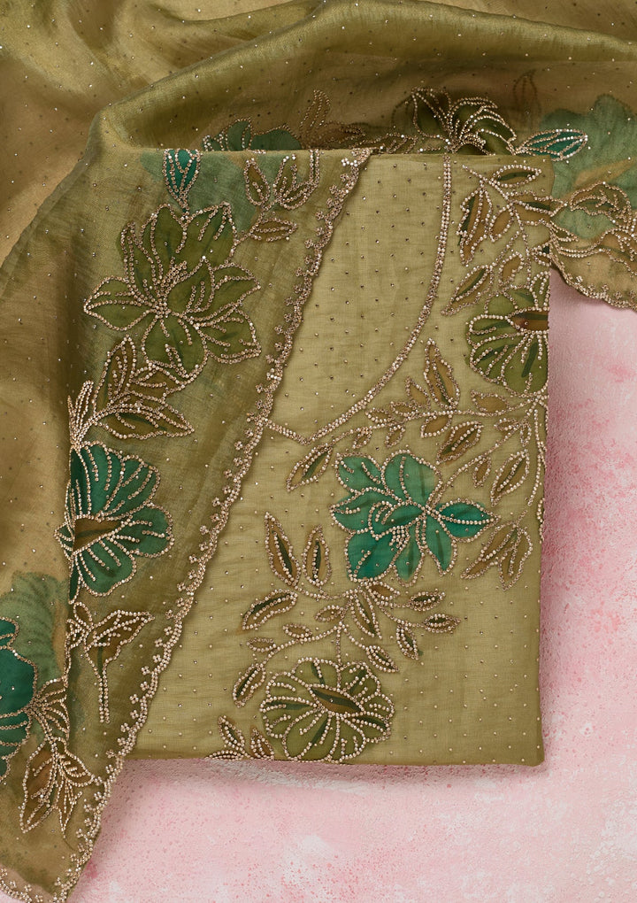 Mehandi Green Tissue Gold Stonework Unstitched Dress Material With Matching Bottom And Dupatta