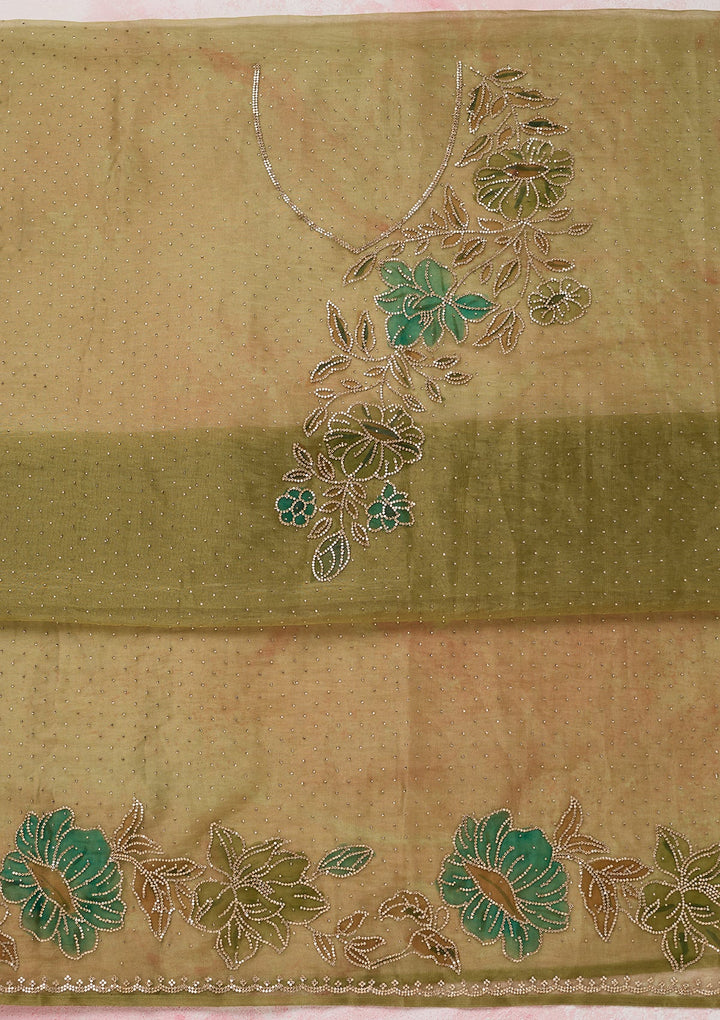 Mehandi Green Tissue Gold Stonework Unstitched Dress Material With Matching Bottom And Dupatta