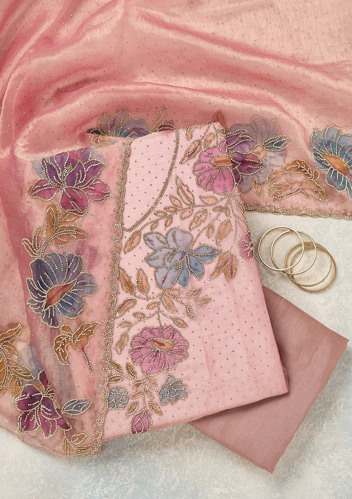 Onion Pink Tissue Gold Stonework Unstitched Dress Material With Matching Bottom And Dupatta
