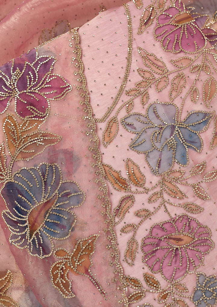 Onion Pink Tissue Gold Stonework Unstitched Dress Material With Matching Bottom And Dupatta