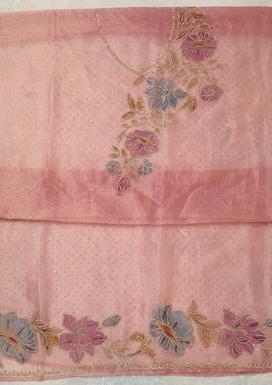 Onion Pink Tissue Gold Stonework Unstitched Dress Material With Matching Bottom And Dupatta