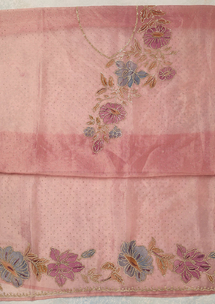 Onion Pink Tissue Gold Stonework Unstitched Dress Material With Matching Bottom And Dupatta