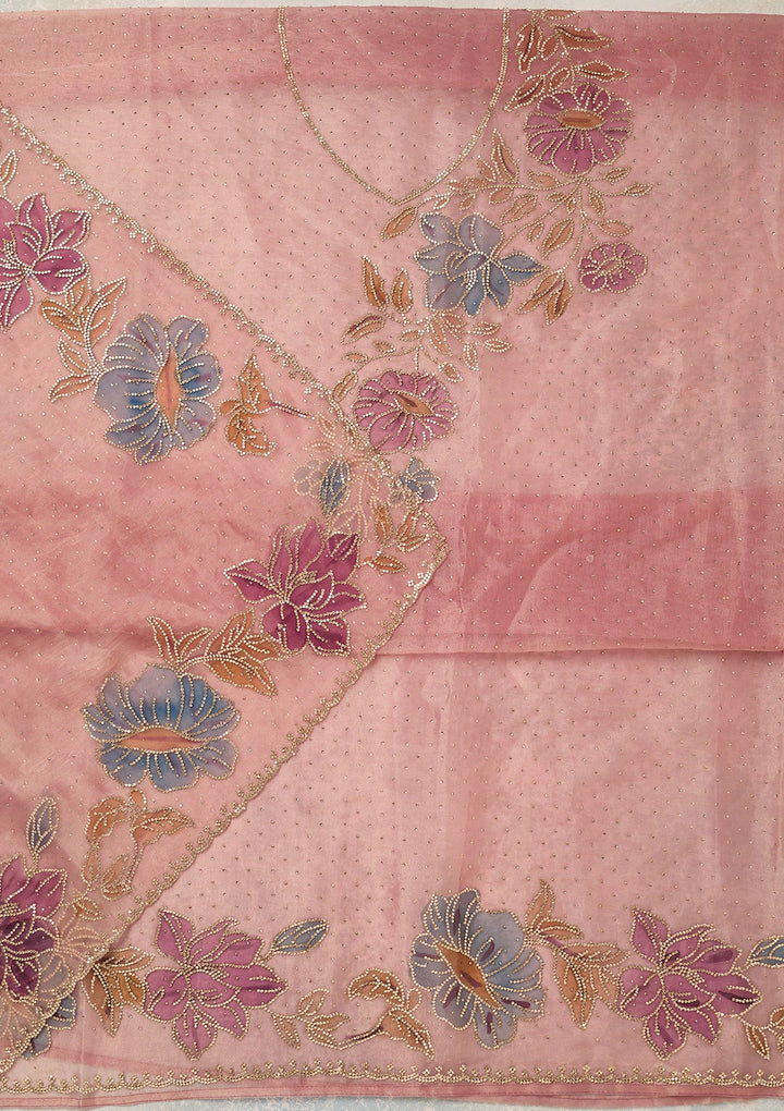Onion Pink Tissue Gold Stonework Unstitched Dress Material With Matching Bottom And Dupatta