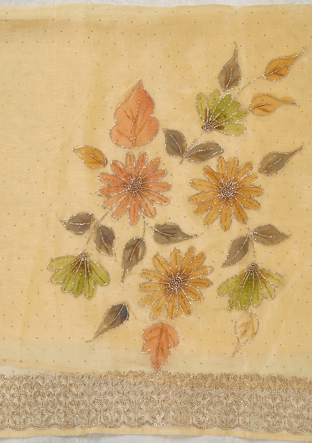 Gold Tissue Gold Stonework Unstitched Dress Material With Matching Bottom And Dupatta