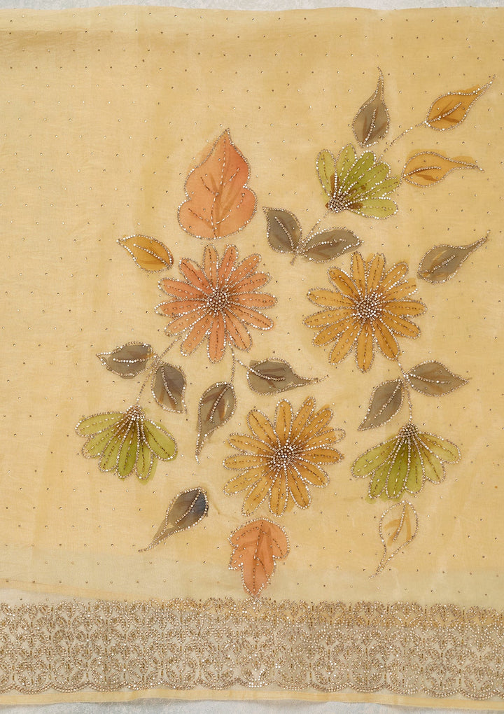 Gold Tissue Gold Stonework Unstitched Dress Material With Matching Bottom And Dupatta