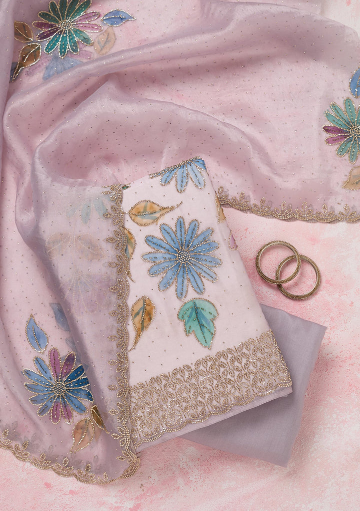 Lavender Tissue Gold Stonework Unstitched Dress Material With Matching Bottom And Dupatta