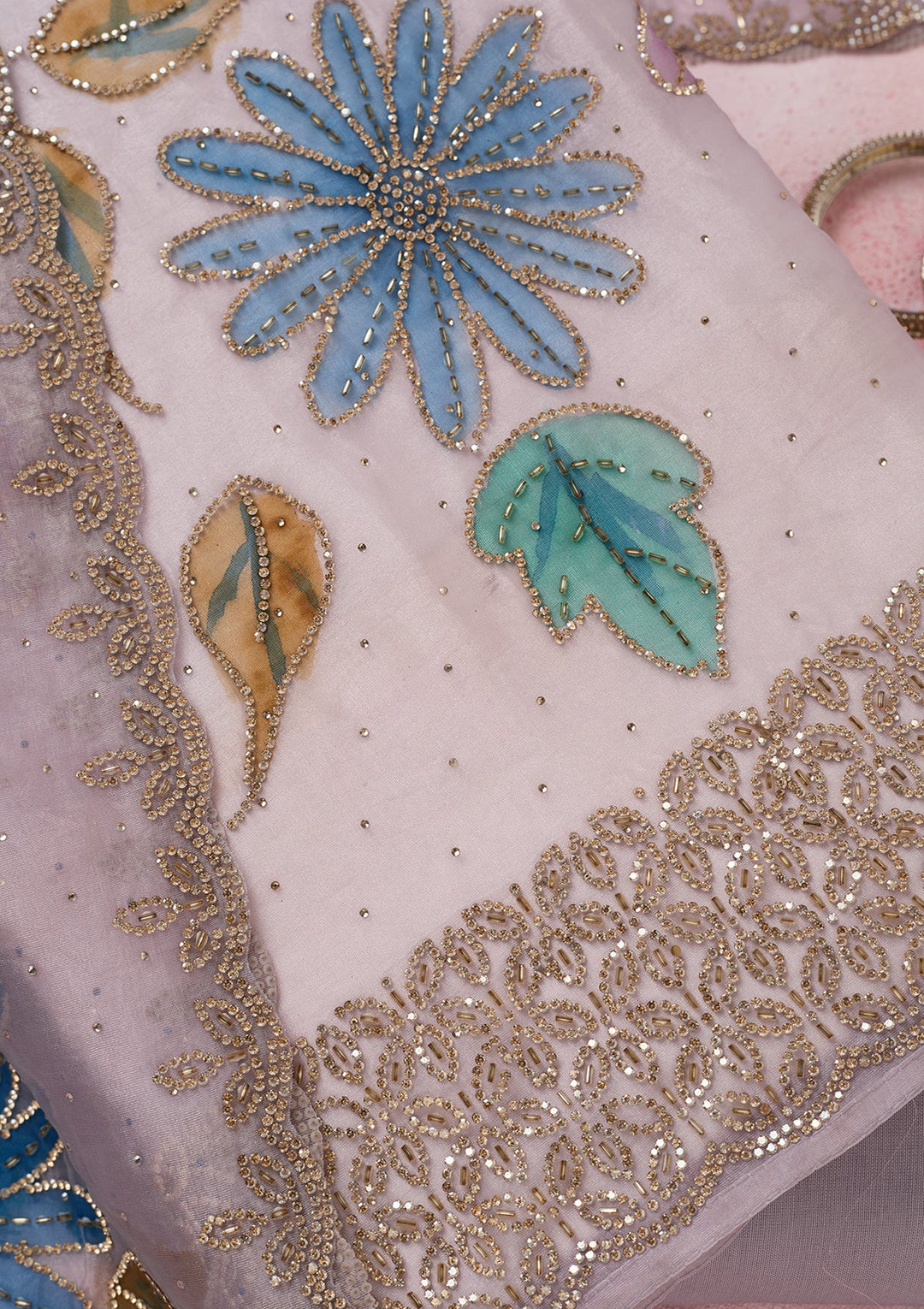 Lavender Tissue Gold Stonework Unstitched Dress Material With Matching Bottom And Dupatta
