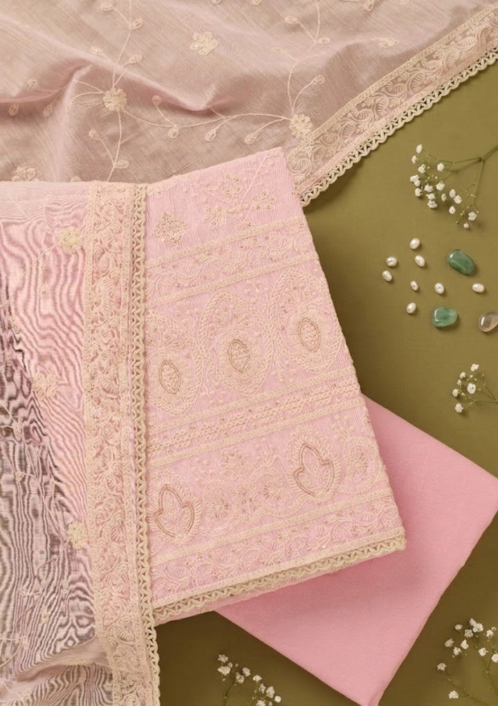 Baby Pink Threadwork Cotton Unstitched Salwar Suit