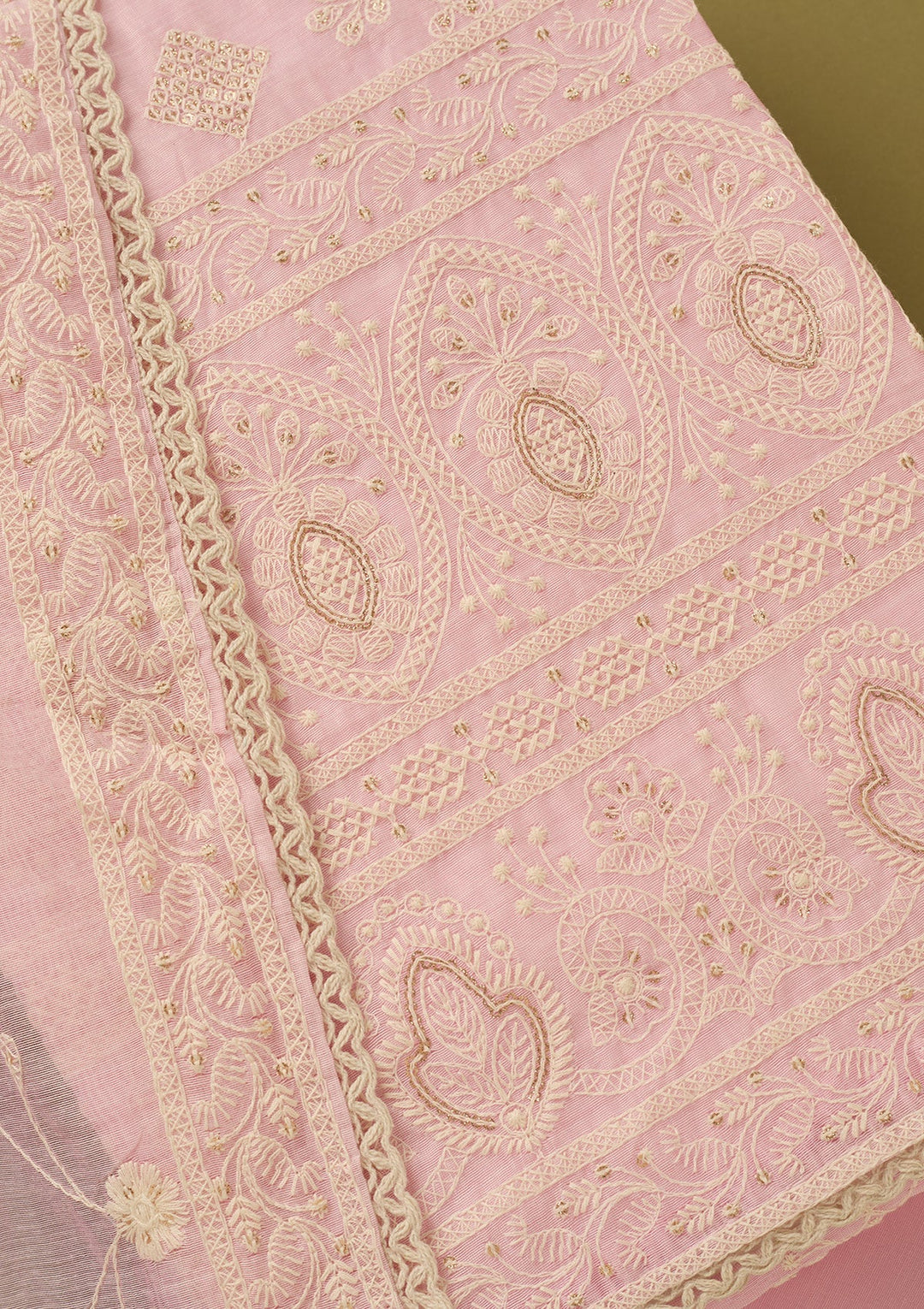 Baby Pink Threadwork Cotton Unstitched Salwar Suit