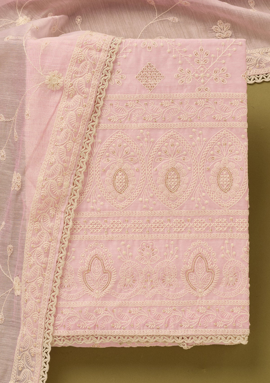 Baby Pink Threadwork Cotton Unstitched Salwar Suit