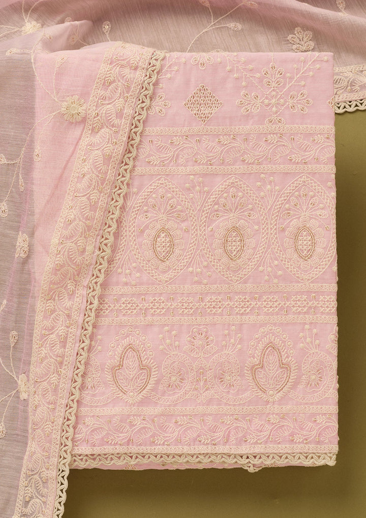 Baby Pink Threadwork Cotton Unstitched Salwar Suit