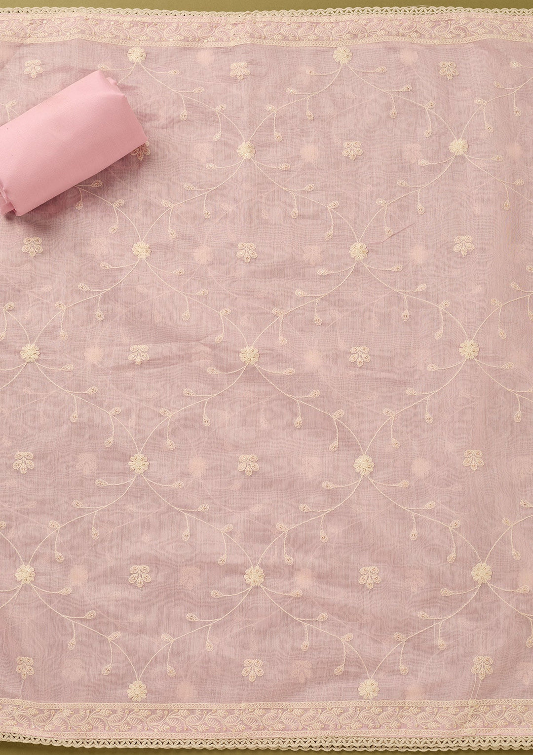 Baby Pink Threadwork Cotton Unstitched Salwar Suit