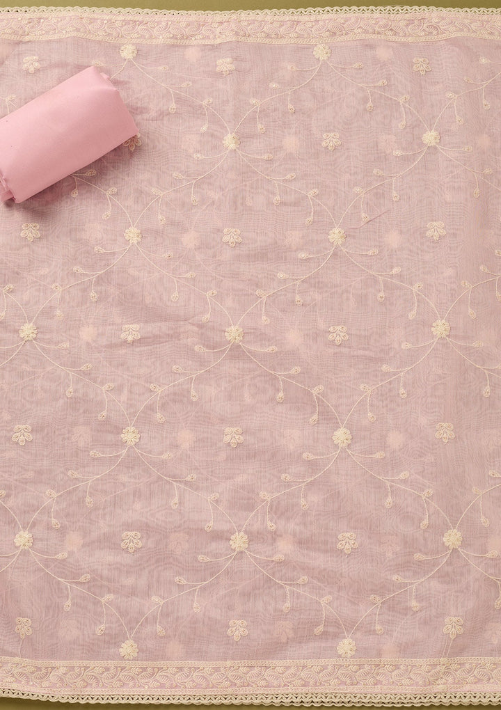 Baby Pink Threadwork Cotton Unstitched Salwar Suit
