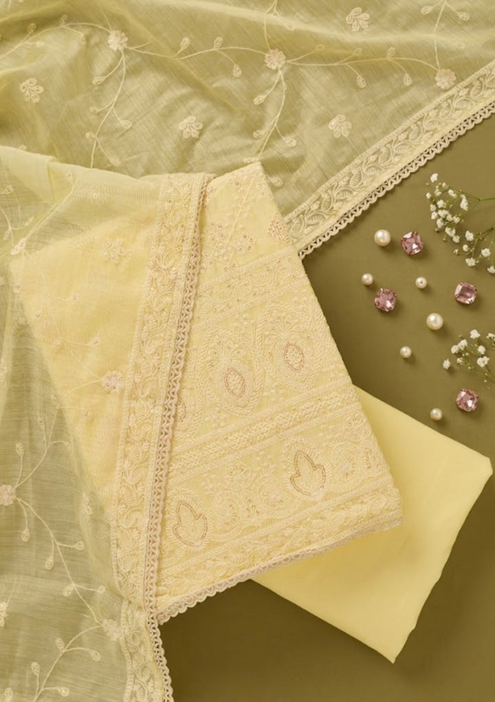 Lemon Yellow Threadwork Cotton Unstitched Salwar Suit