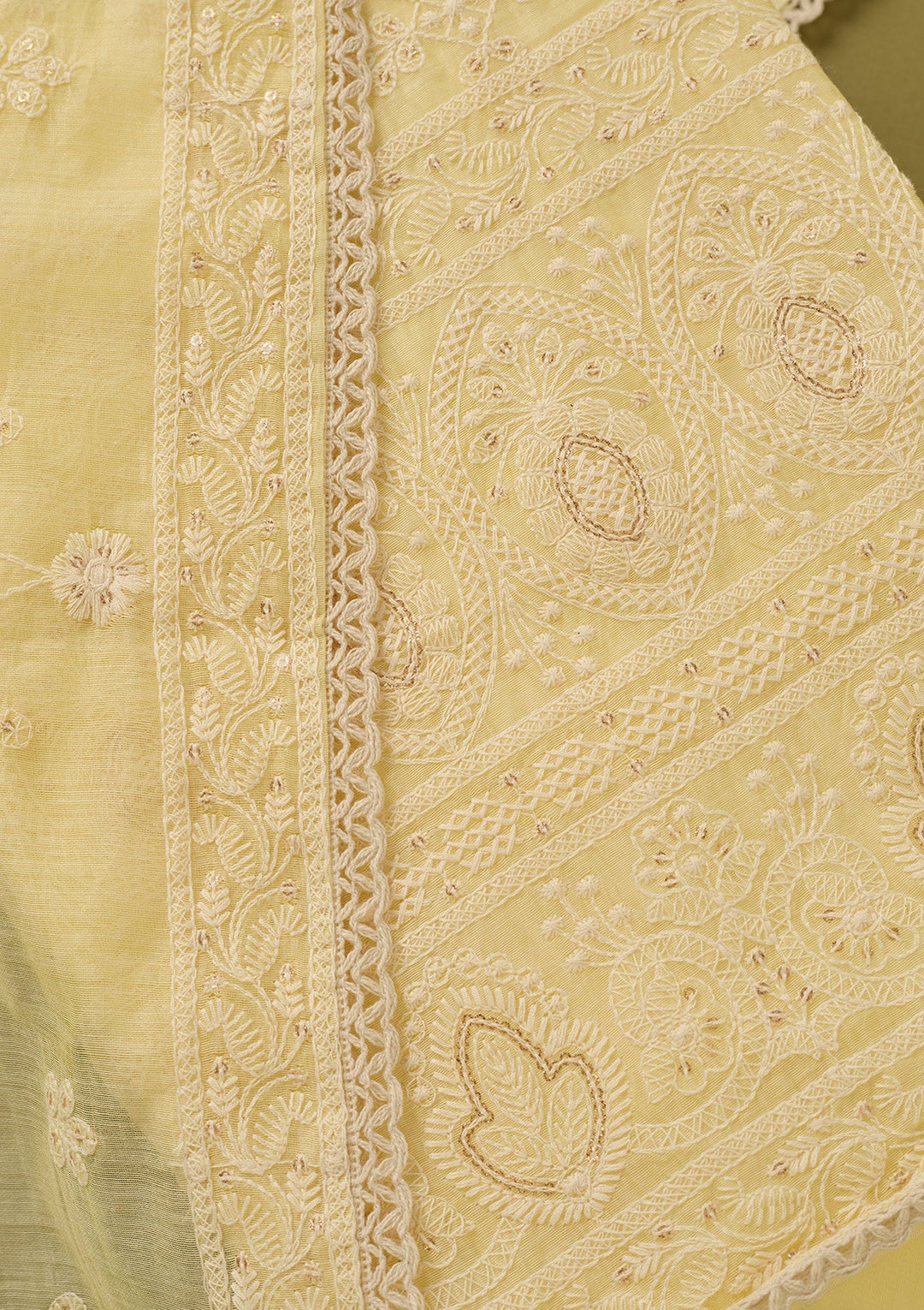 Lemon Yellow Threadwork Cotton Unstitched Salwar Suit