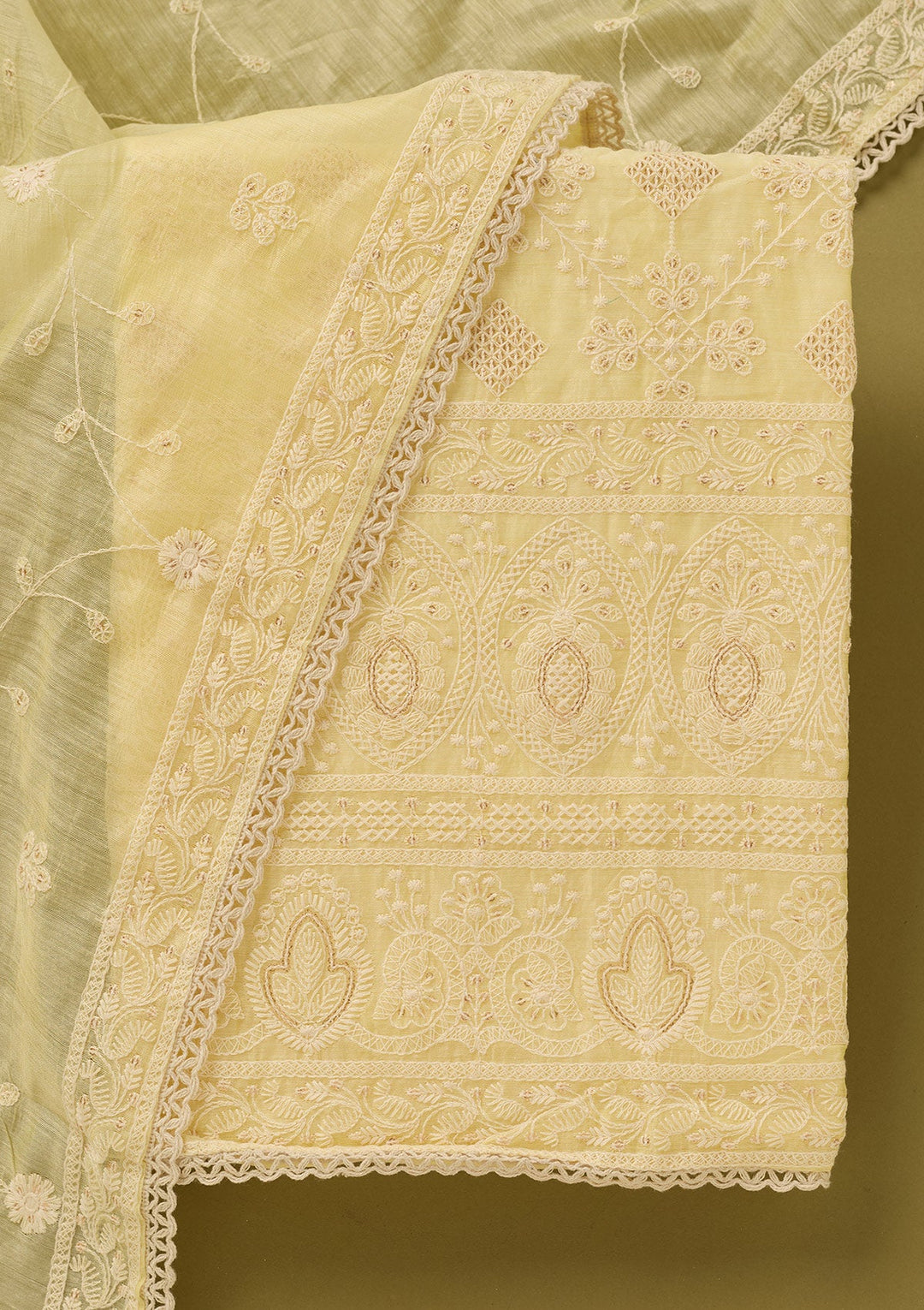 Lemon Yellow Threadwork Cotton Unstitched Salwar Suit