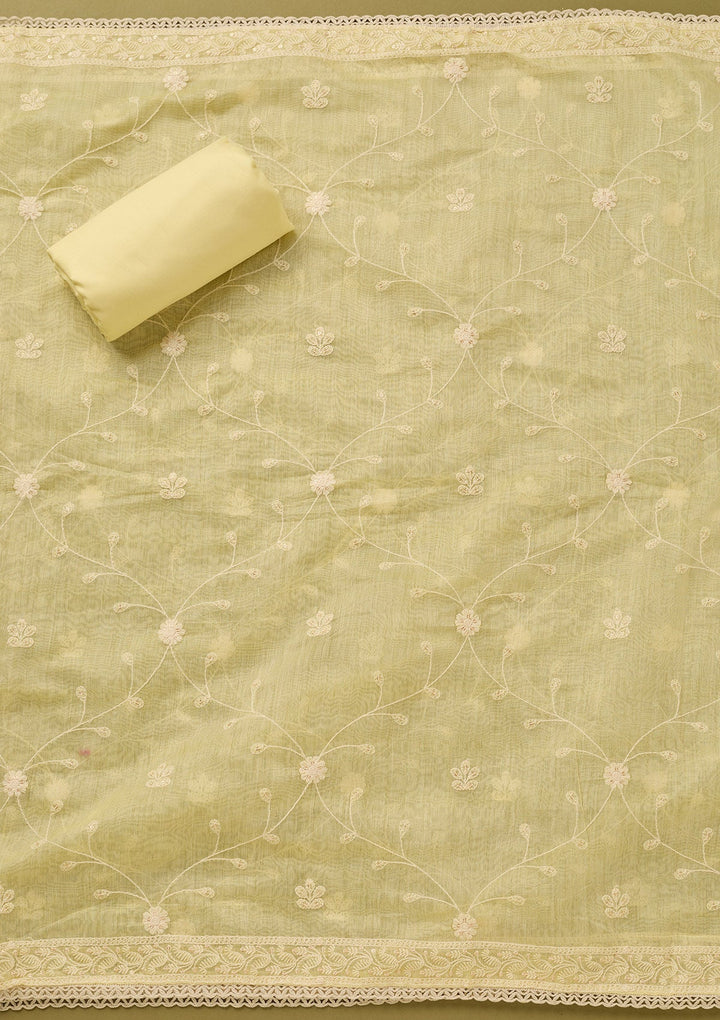 Lemon Yellow Threadwork Cotton Unstitched Salwar Suit