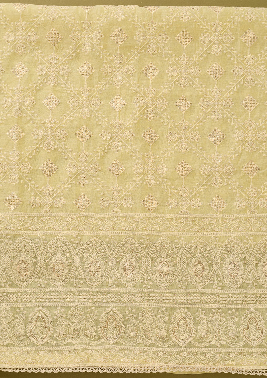 Lemon Yellow Cotton Threadwork Unstitched Dress Material With Matching Bottom And Dupatta