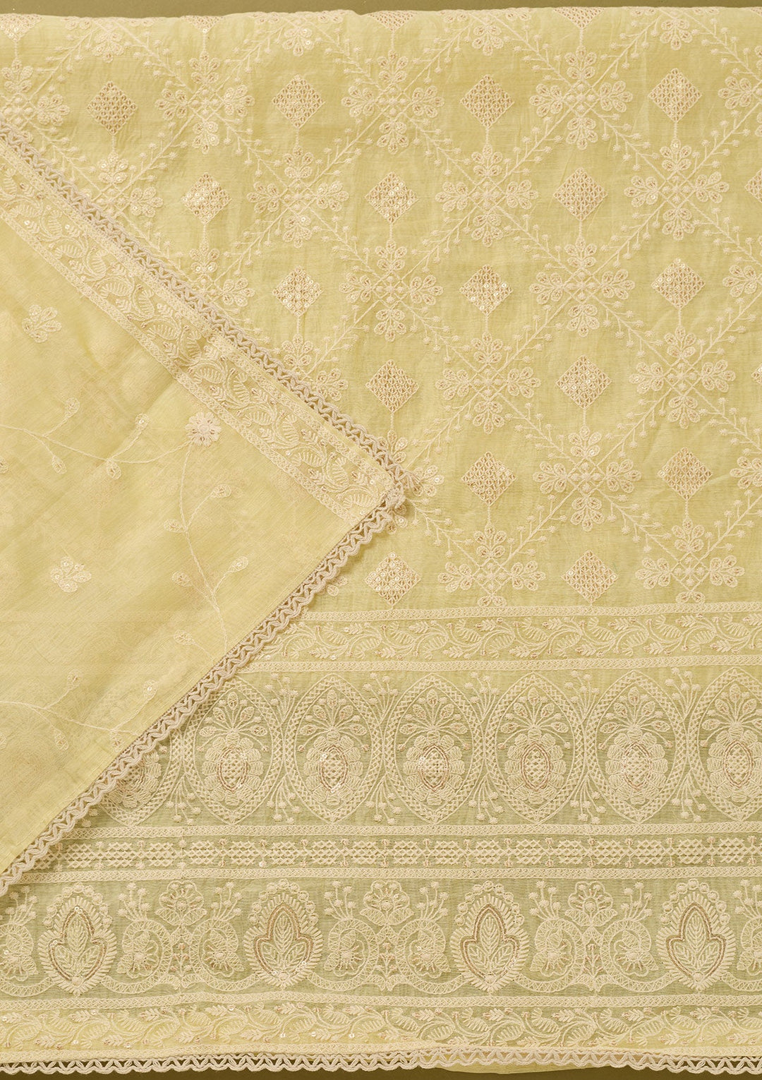 Lemon Yellow Threadwork Cotton Unstitched Salwar Suit