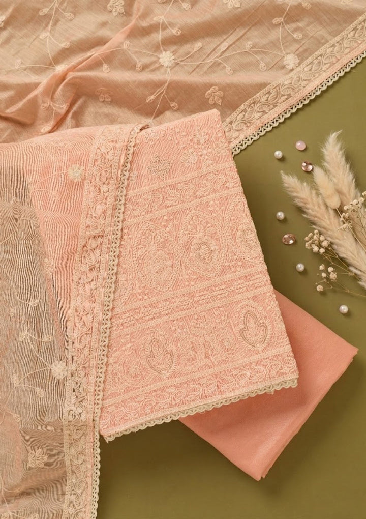 Peach Threadwork Cotton Unstitched Salwar Suit