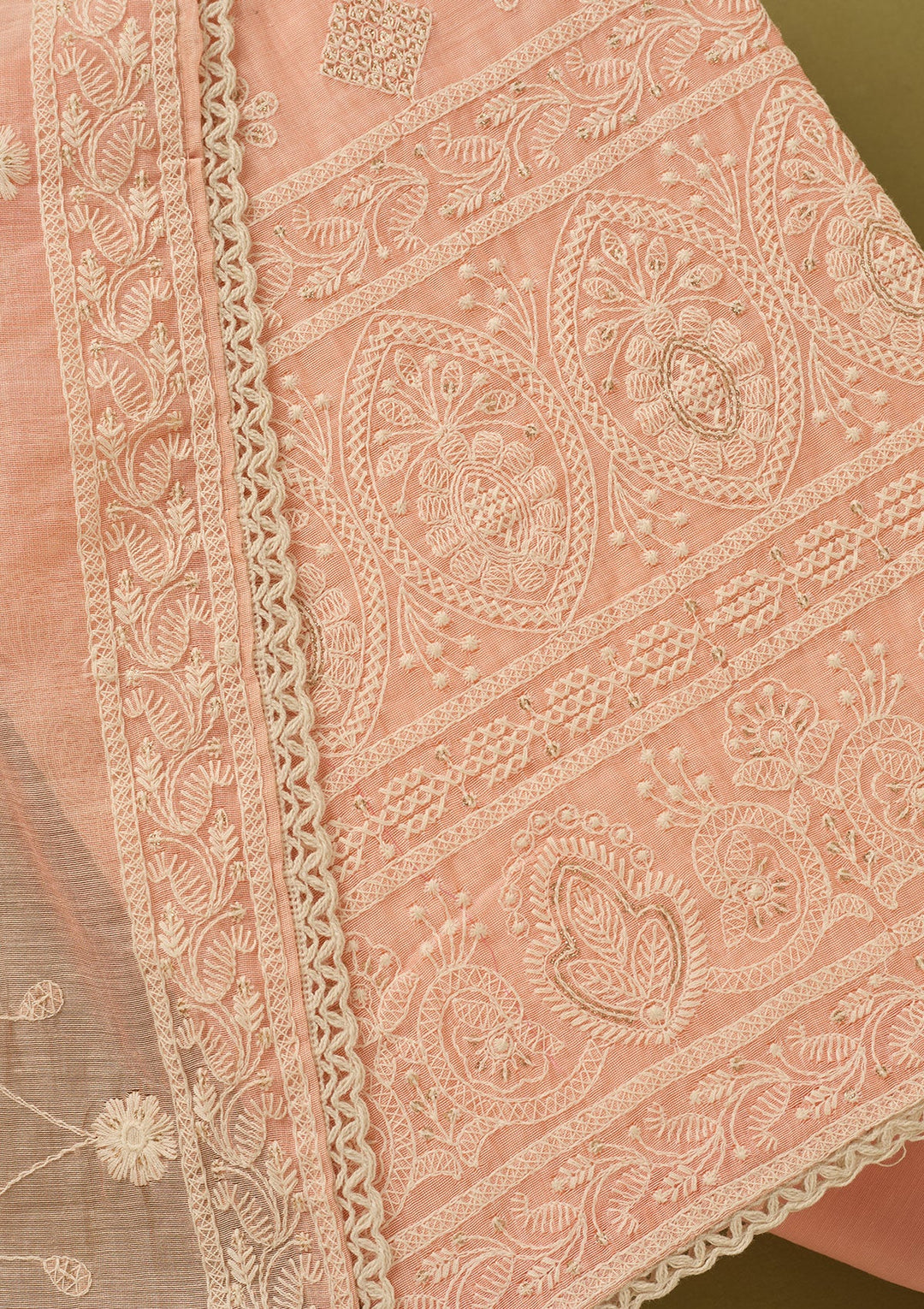 Peach Threadwork Cotton Unstitched Salwar Suit
