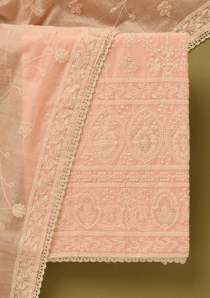 Peach Threadwork Cotton Unstitched Salwar Suit