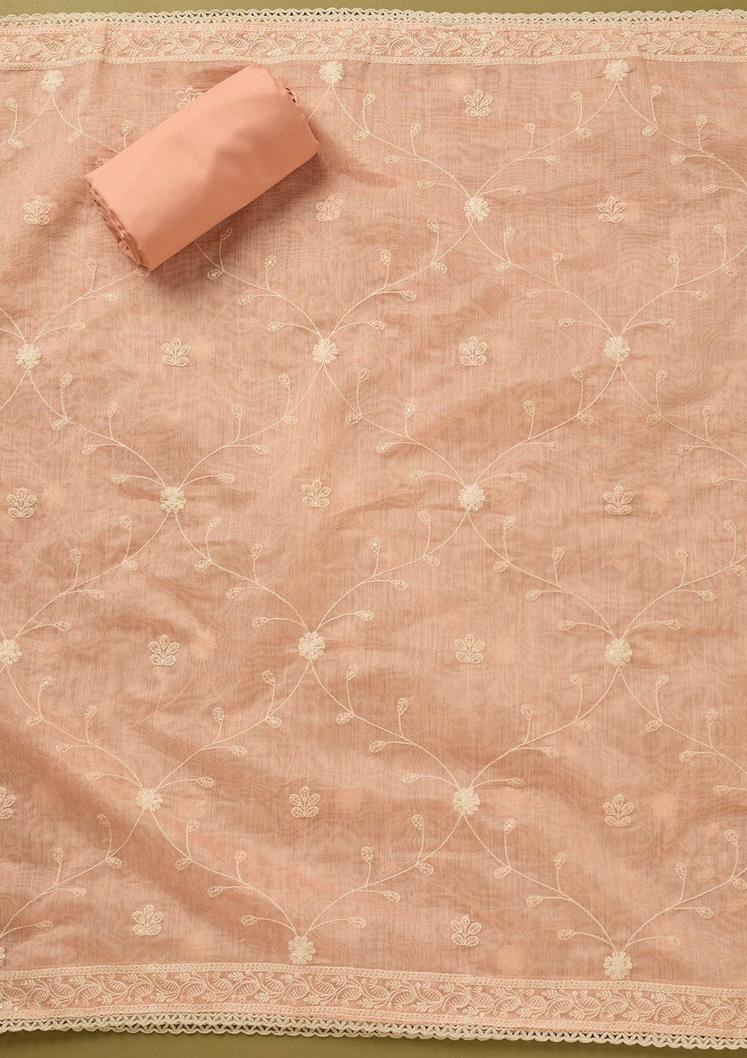 Peach Threadwork Cotton Unstitched Salwar Suit