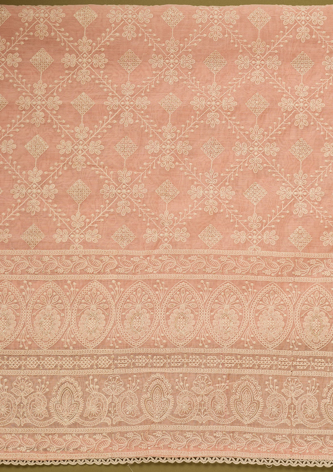 Peach Threadwork Cotton Unstitched Salwar Suit