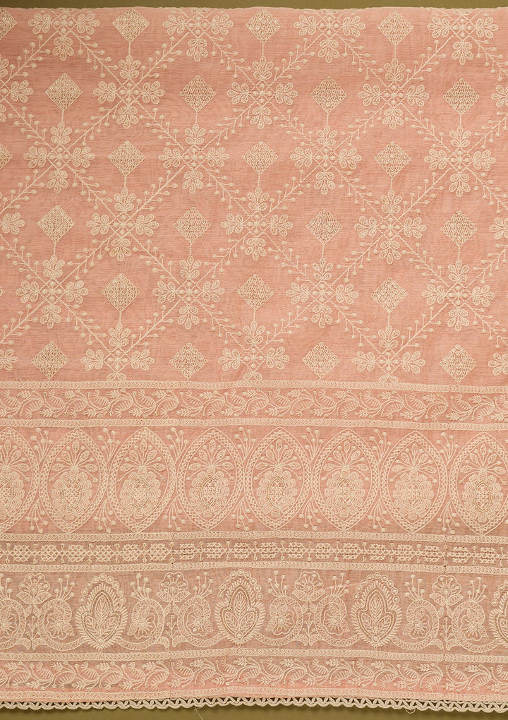 Peach Threadwork Cotton Unstitched Salwar Suit