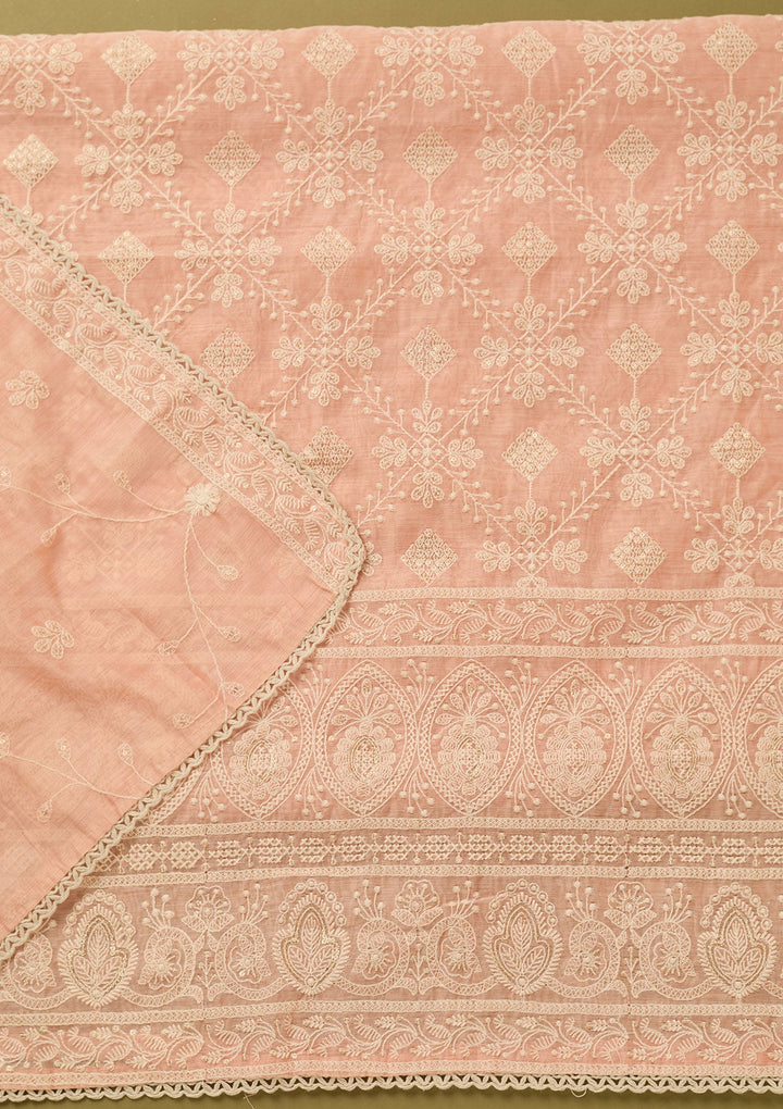 Peach Threadwork Cotton Unstitched Salwar Suit