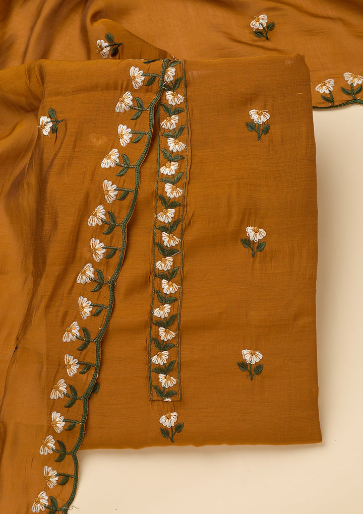 Mustard Threadwork Semi Crepe Unstitched Salwar Suit
