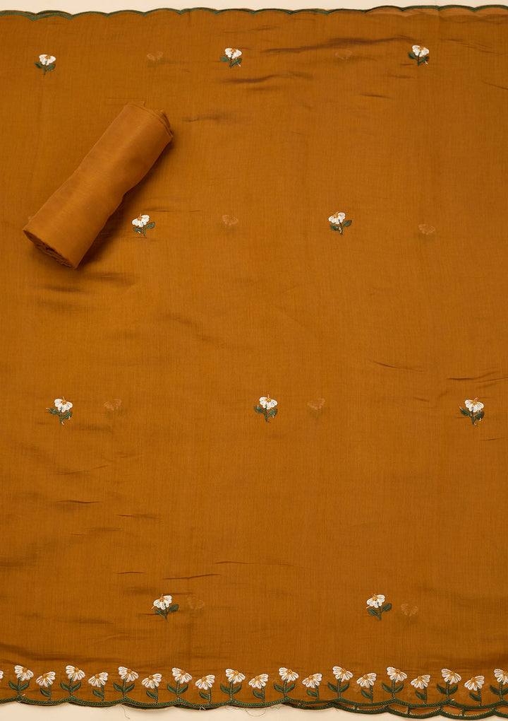 Mustard Threadwork Semi Crepe Unstitched Salwar Suit