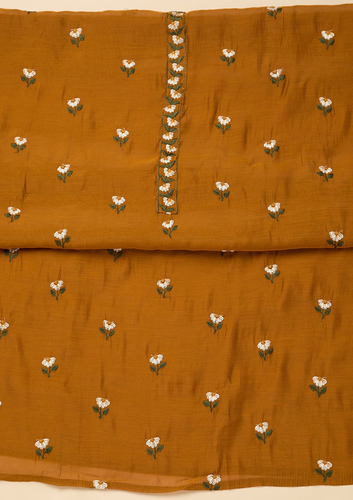 Mustard Threadwork Semi Crepe Unstitched Salwar Suit