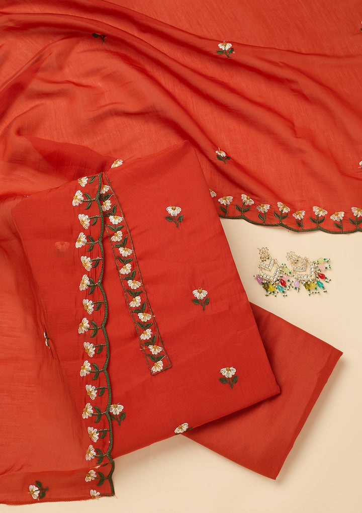 Orange Threadwork Semi Crepe Unstitched Salwar Suit
