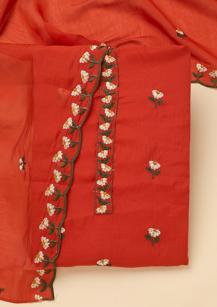 Orange Threadwork Semi Crepe Unstitched Salwar Suit