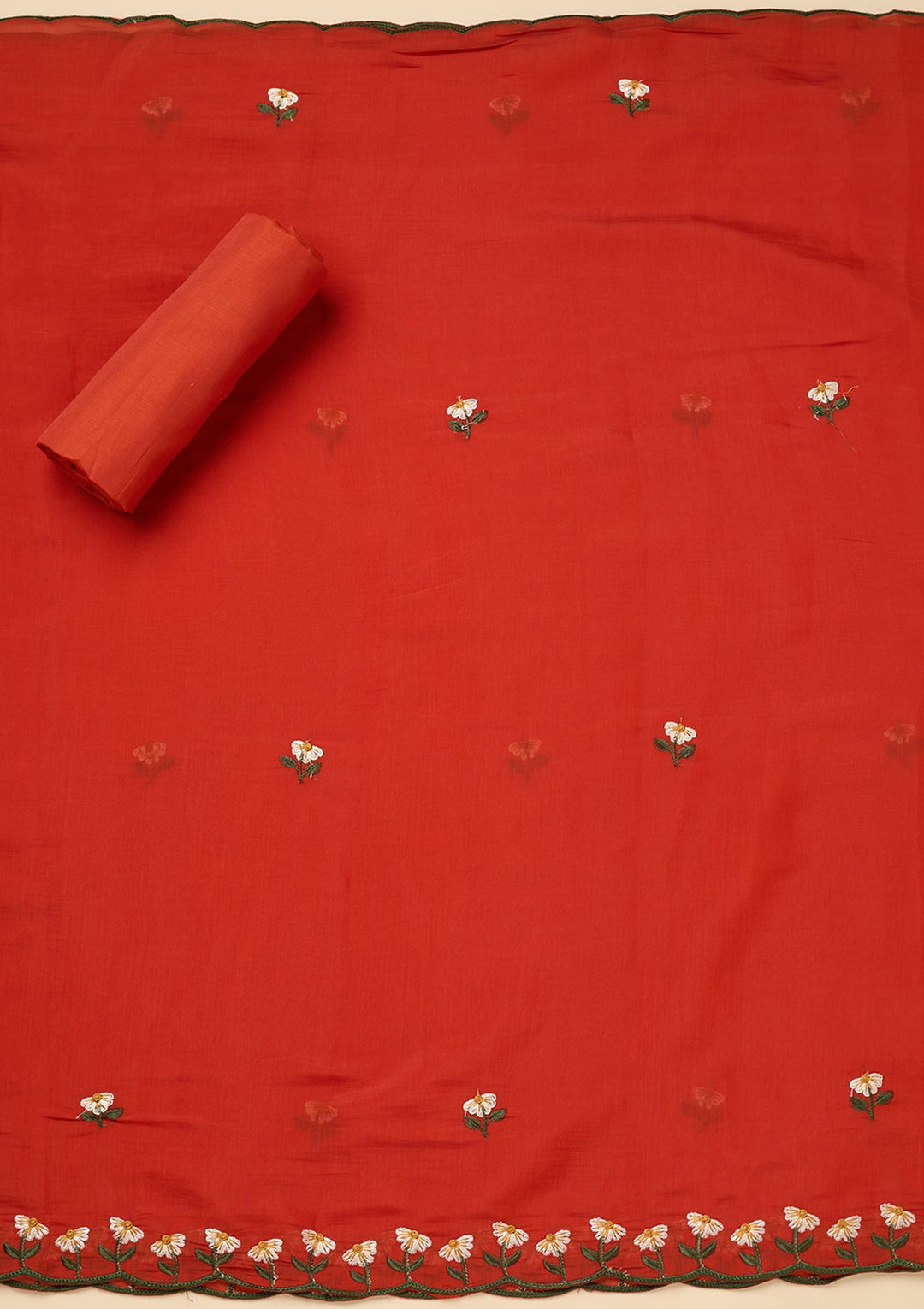 Orange Threadwork Semi Crepe Unstitched Salwar Suit