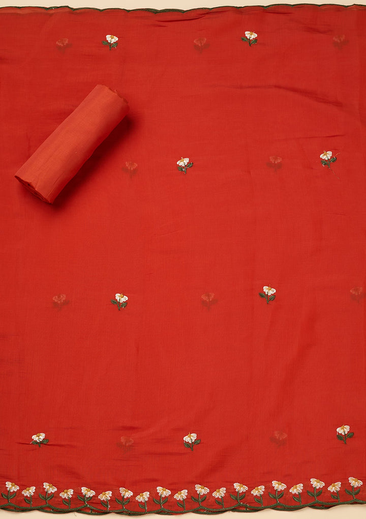 Orange Threadwork Semi Crepe Unstitched Salwar Suit