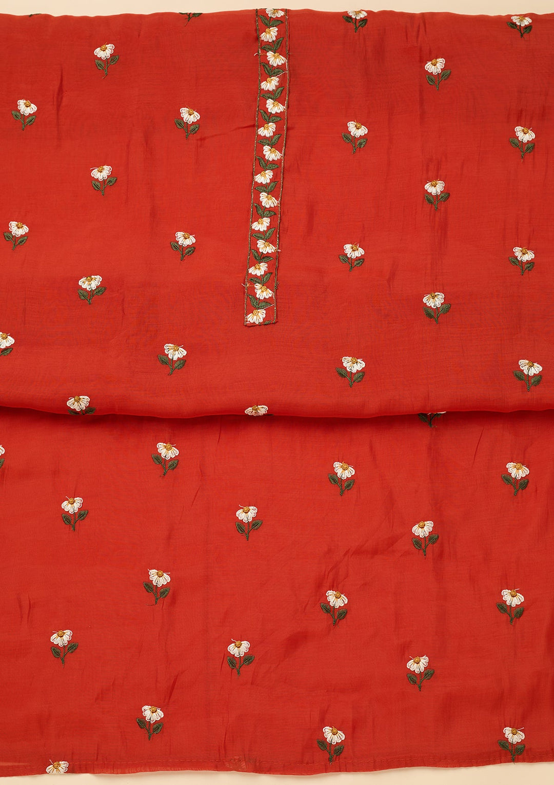 Orange Threadwork Semi Crepe Unstitched Salwar Suit