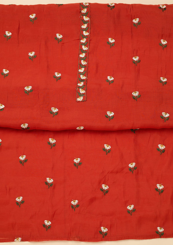 Orange Threadwork Semi Crepe Unstitched Salwar Suit