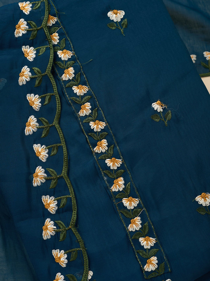 Peacock Blue Threadwork Semi Crepe Unstitched Salwar Suit