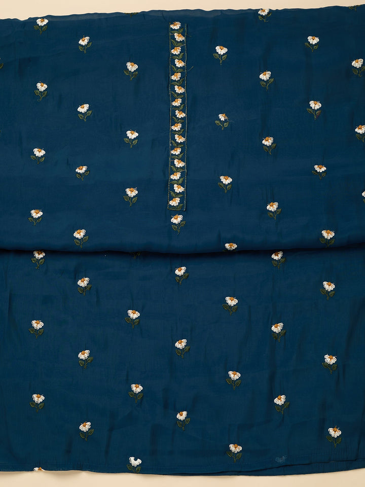 Peacock Blue Threadwork Semi Crepe Unstitched Salwar Suit