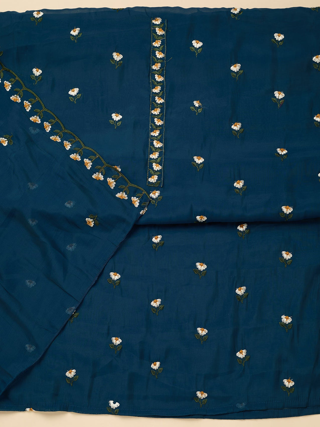 Peacock Blue Threadwork Semi Crepe Unstitched Salwar Suit