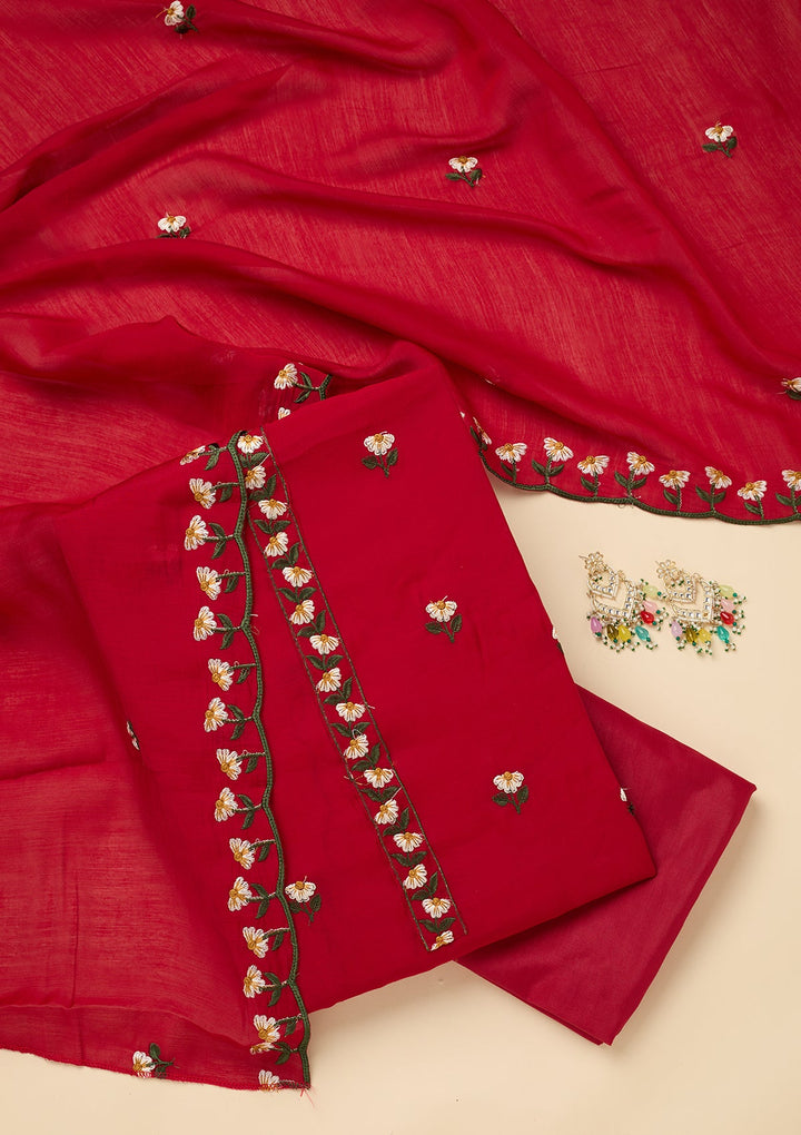 Red Threadwork Semi Crepe Unstitched Salwar Suit