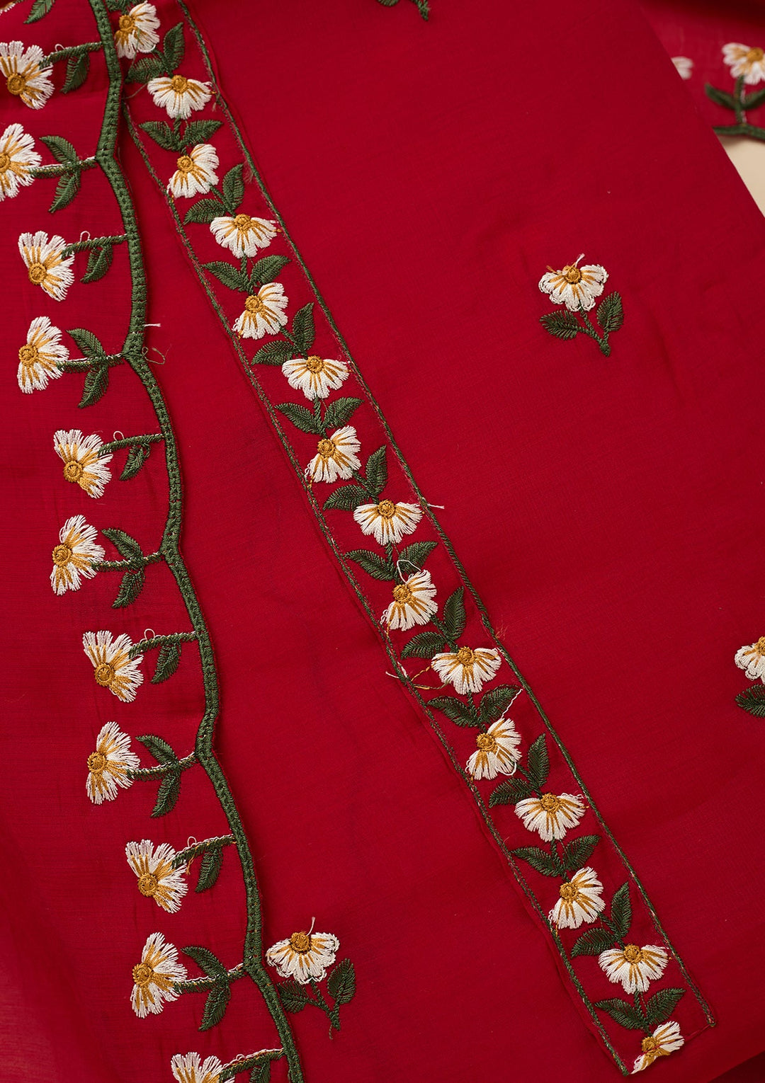 Red Threadwork Semi Crepe Unstitched Salwar Suit